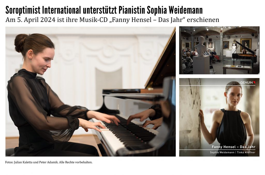Soroptimist International unterstützt Pianistin Sophia Weidemann. Das Bild eine collage aus drei Bildern mit der Pianistin am Klavier und eines mit dem Cover der CD.